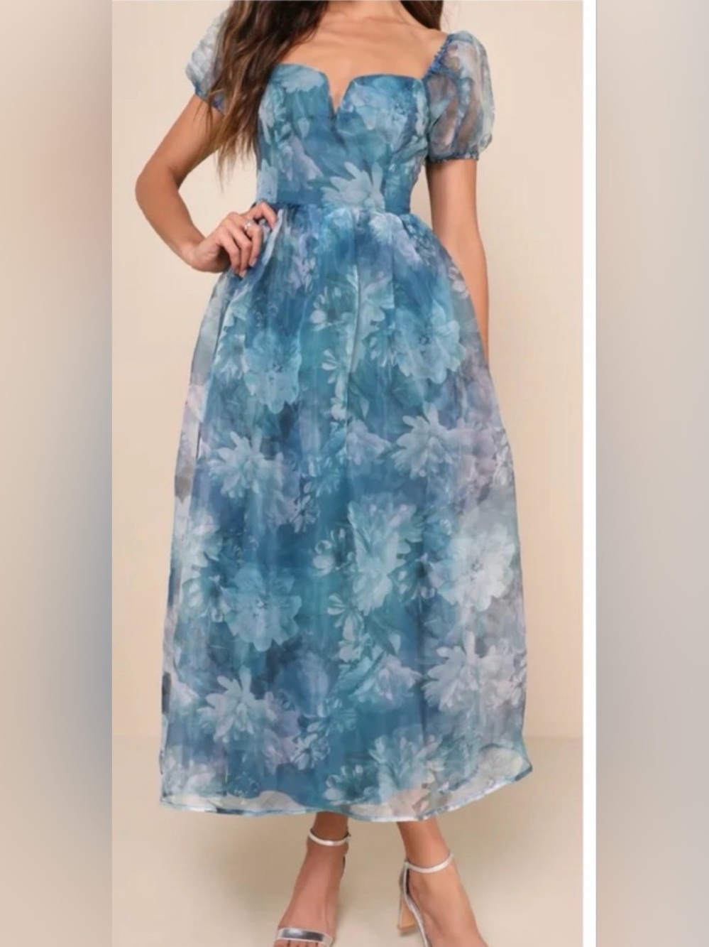 NWOT Lulus Lovely Statement Teal Blue Floral Organza Tie-Back Midiโ Dress XSmall